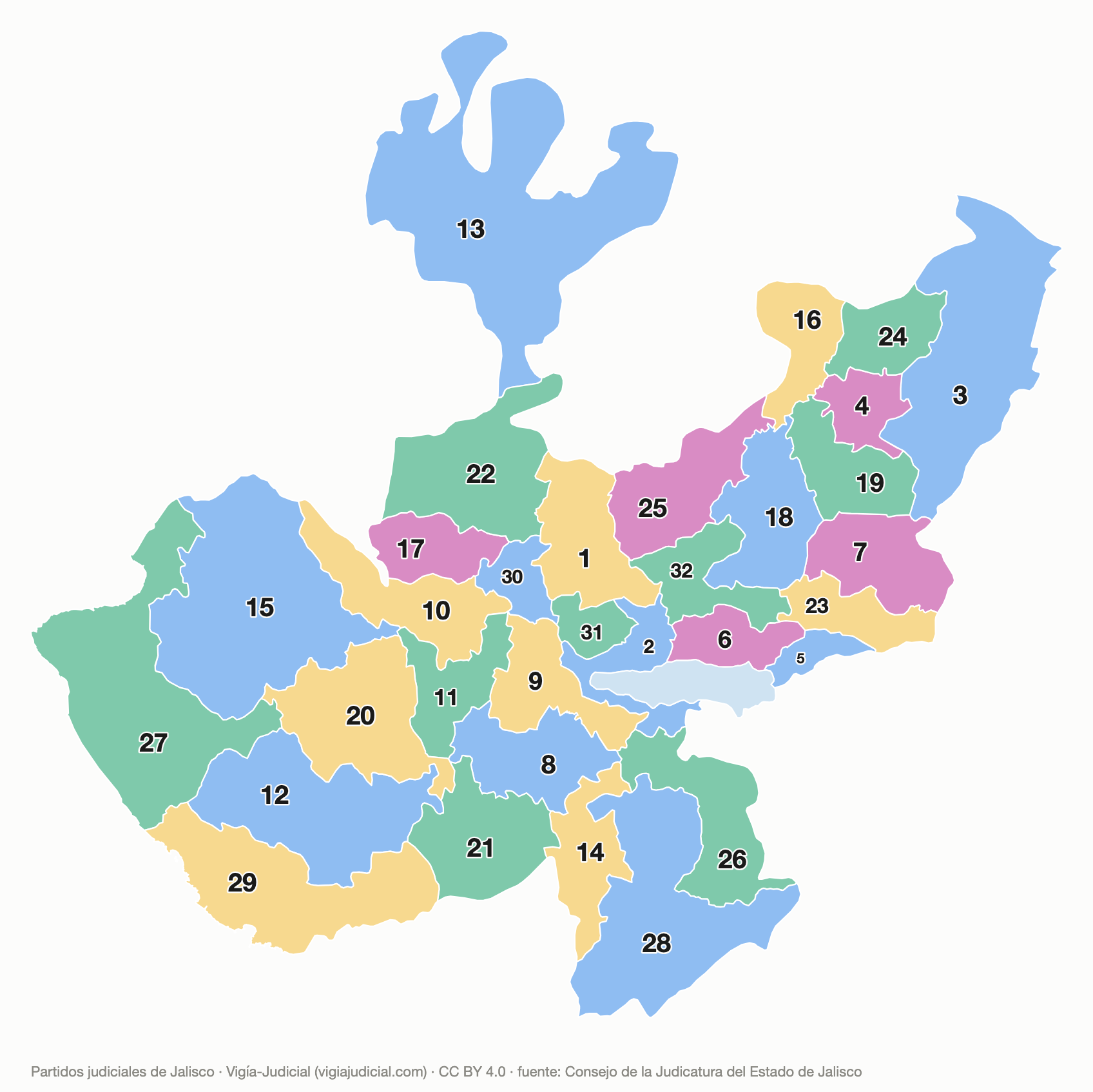 Mapa de los 32 partidos judiciales del Estado de Jalisco, con cada partido numerado y el lago de Chapala. Versión clara.